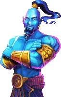 a cartoon drawing of a genie with his arms crossed and a ponytail