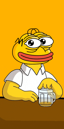 a yellow frog with a white shirt and yellow arms is holding a glass of beer