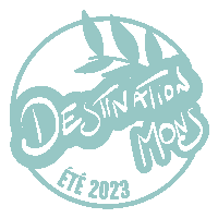 a destination mons logo with a sailboat in the background