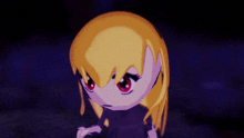 a cartoon girl with blonde hair and red eyes is standing in the dark