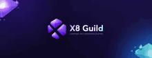 a logo for x8 guild with a purple cube on a dark background