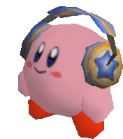 a pink cartoon character wearing headphones with a blue star on them