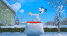 a cartoon of snoopy jumping off a snowy house