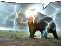 a drawing of a mammoth with lightning strikes behind it