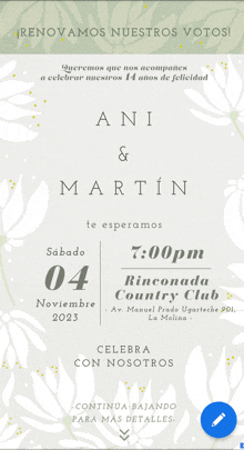 a wedding invitation for ani and martin takes place on november 4th