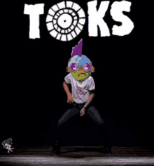 a person is dancing in front of a sign that says ' tok '