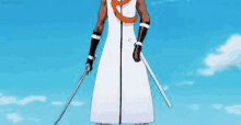 a man in a white dress is holding two swords in his hands .