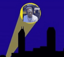 a cartoon of a man in a car with a spotlight shining on him and a city in the background .