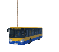 a yellow and blue bus with the number 16 on the front