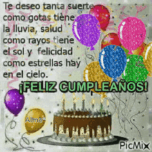 a birthday card with a cake and balloons and the words " feliz cumpleanos "