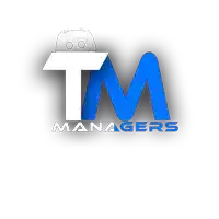 a blue and white logo that says tm managers on it