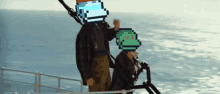 a man and a child on a boat with pixelated faces