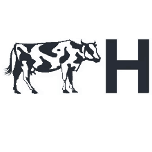 a black and white silhouette of a cow with the letter h behind it .