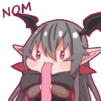 a cartoon drawing of a girl with horns and the word nom on the bottom