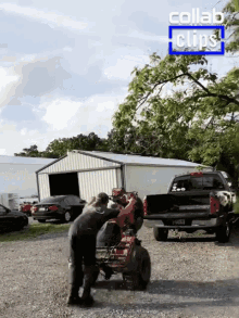 a man is working on an atv in a parking lot with a truck in the background and a collab clips logo