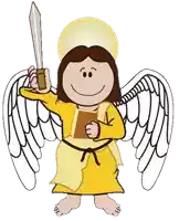 a cartoon of an angel holding a sword and a book