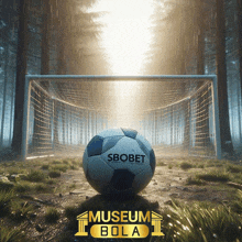 a soccer ball is in front of a goal with the words museum bola on the bottom