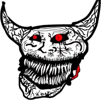 a black and white drawing of a monster with red eyes and sharp teeth