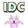 a pixel art of a pink cat with horns and the word idc above it .