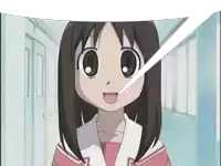 a cartoon girl is smiling in a hallway with a white arrow pointing to her nose