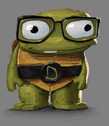 a turtle wearing glasses and a belt with the letter d on it