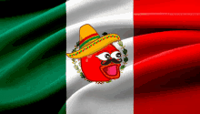 a cartoon tomato wearing a sombrero and mustache is on a mexican flag