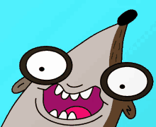 a cartoon drawing of a shark with big eyes and a n on its ear