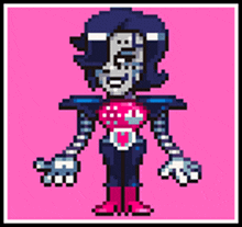 a pixel art drawing of a robot standing on a pink background .