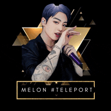 a drawing of a man holding a microphone and the words melon #teleport below him