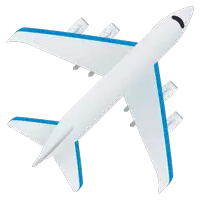 a white airplane with blue stripes on the wings is shown from above