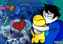 a cartoon of a man hugging a yellow dog with the words " i love my daughter " on the bottom right