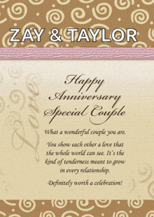 a card that says " happy anniversary special couple " on it