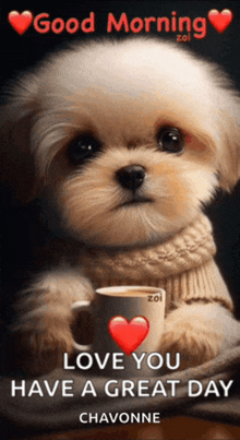 a picture of a puppy holding a cup of coffee says good morning love you have a great day