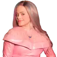 a woman with pink hair is wearing a pink top and a pink jacket