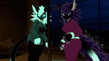 two furry characters are standing next to each other in a room