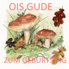 a painting of mushrooms and leaves with the words ois gude zum geburtstag in red