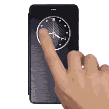 a hand is pointing at a clock on a cell phone