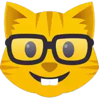 a cartoon cat wearing glasses and a smile