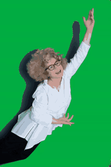 a woman wearing glasses and a white shirt is flying through the air on a green background