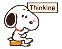 a cartoon drawing of snoopy with a sign above his head that says " thinking "