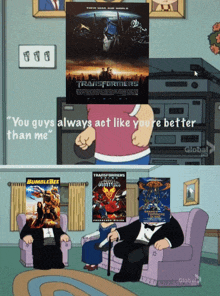 a poster for transformers sits on a couch next to a bumblebee poster