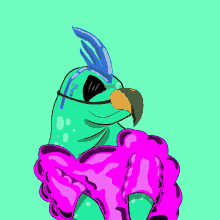 a cartoon drawing of a bird wearing a pink jacket