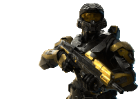 a man in a black and gold armor is holding a rifle