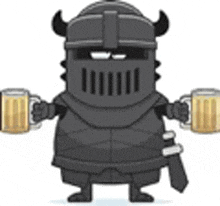 a cartoon illustration of a knight in armor holding two mugs of beer .