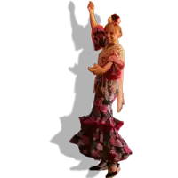 a woman in a floral dress is dancing with her arm up