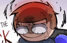 a cartoon character with red hair and glasses is making a face .