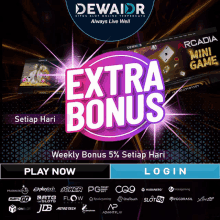 an advertisement for dewaidr shows a weekly bonus of 5 %