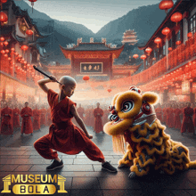 a poster for museum bola shows a lion dancing in front of a temple