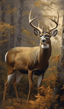 a painting of a deer in the woods with trees in the background