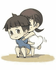 a boy is giving a girl a piggyback ride .